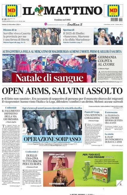 Il Mattino prima pagina di oggi 
            Edizione di Oggi, Sabato 21 Dicembre 2024