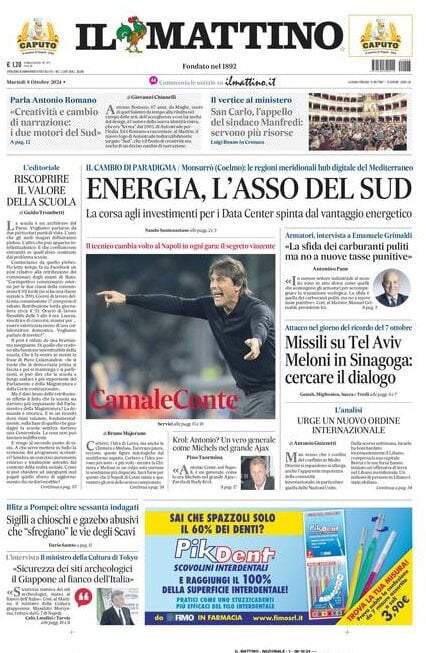 Il Mattino prima pagina di oggi 
            Edizione di Oggi, Martedì 08 Ottobre 2024