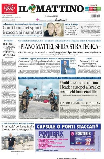 Il Mattino prima pagina di oggi 
            Edizione di Oggi, Sabato 12 Ottobre 2024