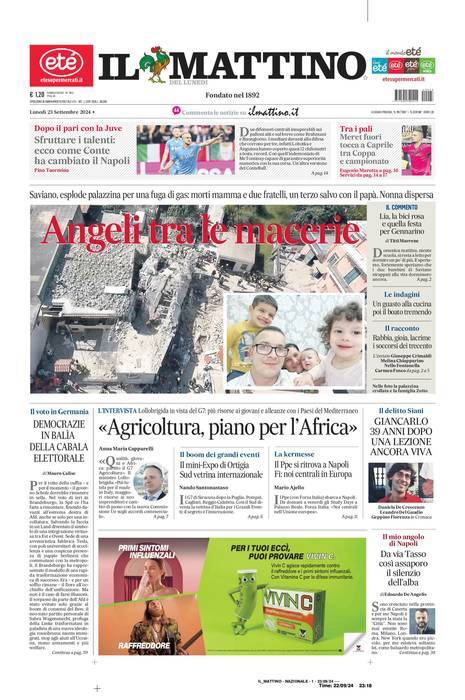 Il Mattino prima pagina di oggi 
            Edizione di Oggi, Lunedì 23 Settembre 2024