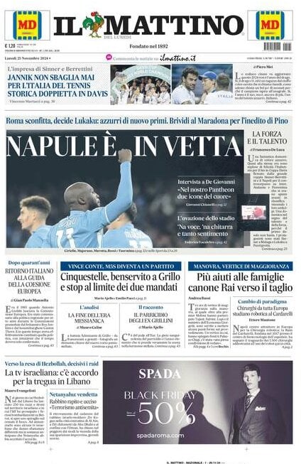 Il Mattino prima pagina di oggi 
            Edizione di Oggi, Lunedì 25 Novembre 2024