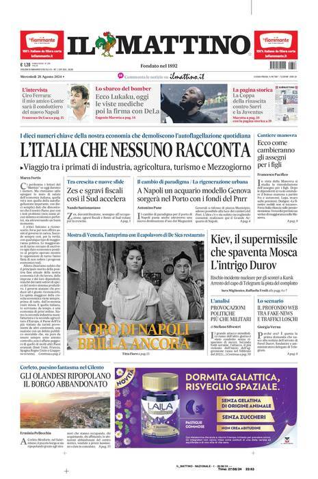 Il Mattino prima pagina di oggi 
            Edizione di Oggi, Mercoledì 28 Agosto 2024