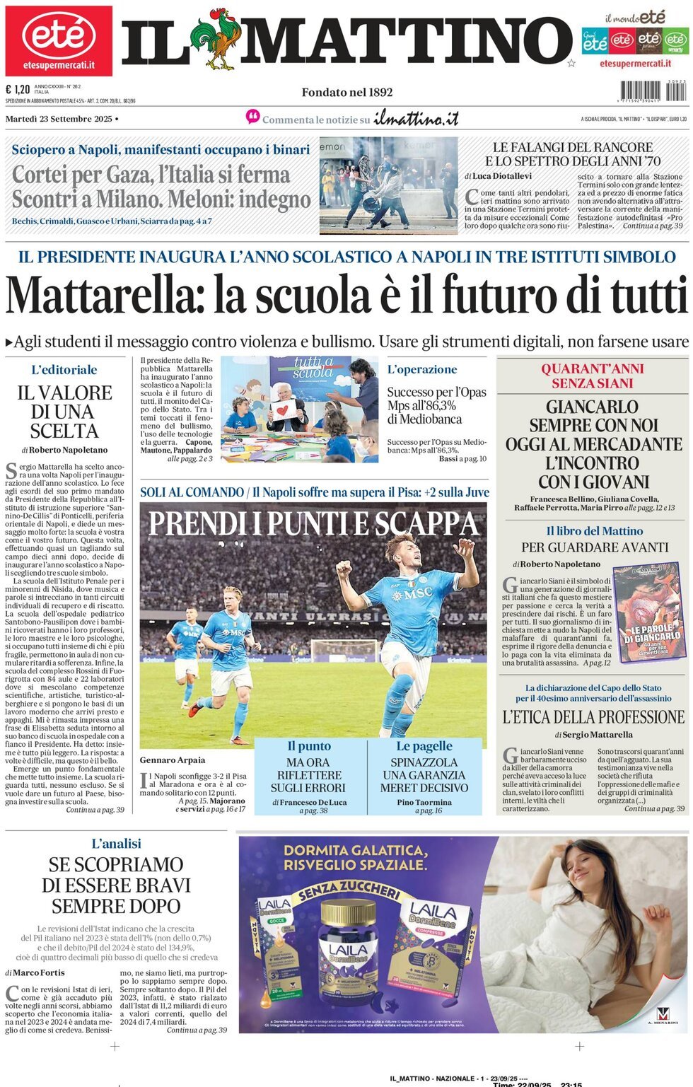 Il Mattino prima pagina di oggi 
            Edizione di Oggi, Martedì 23 Settembre 2025