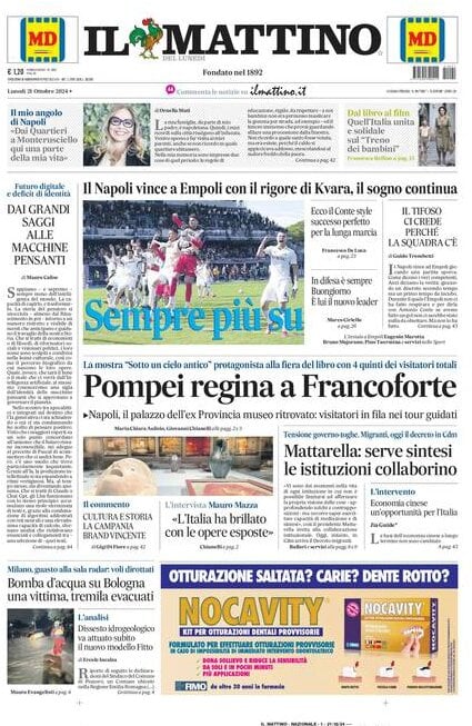 Il Mattino prima pagina di oggi 
            Edizione di Oggi, Lunedì 21 Ottobre 2024