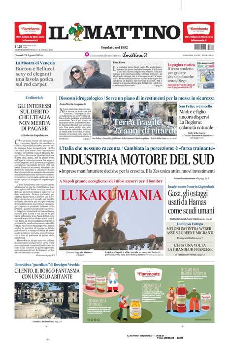 Il Mattino prima pagina di oggi 
            Edizione di Oggi, Giovedì 29 Agosto 2024