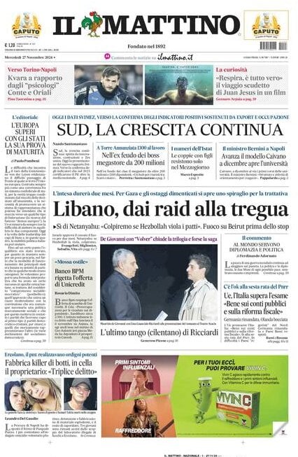 Il Mattino prima pagina di oggi 
            Edizione di Oggi, Mercoledì 27 Novembre 2024