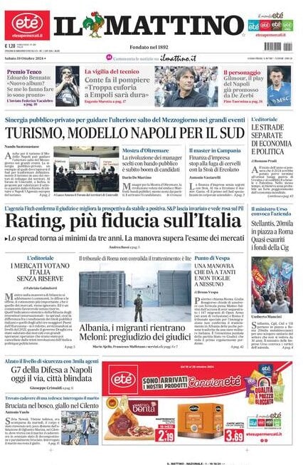 Il Mattino prima pagina di oggi 
            Edizione di Oggi, Sabato 19 Ottobre 2024