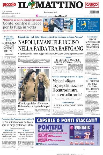 Il Mattino prima pagina di oggi 
            Edizione di Oggi, Sabato 26 Ottobre 2024