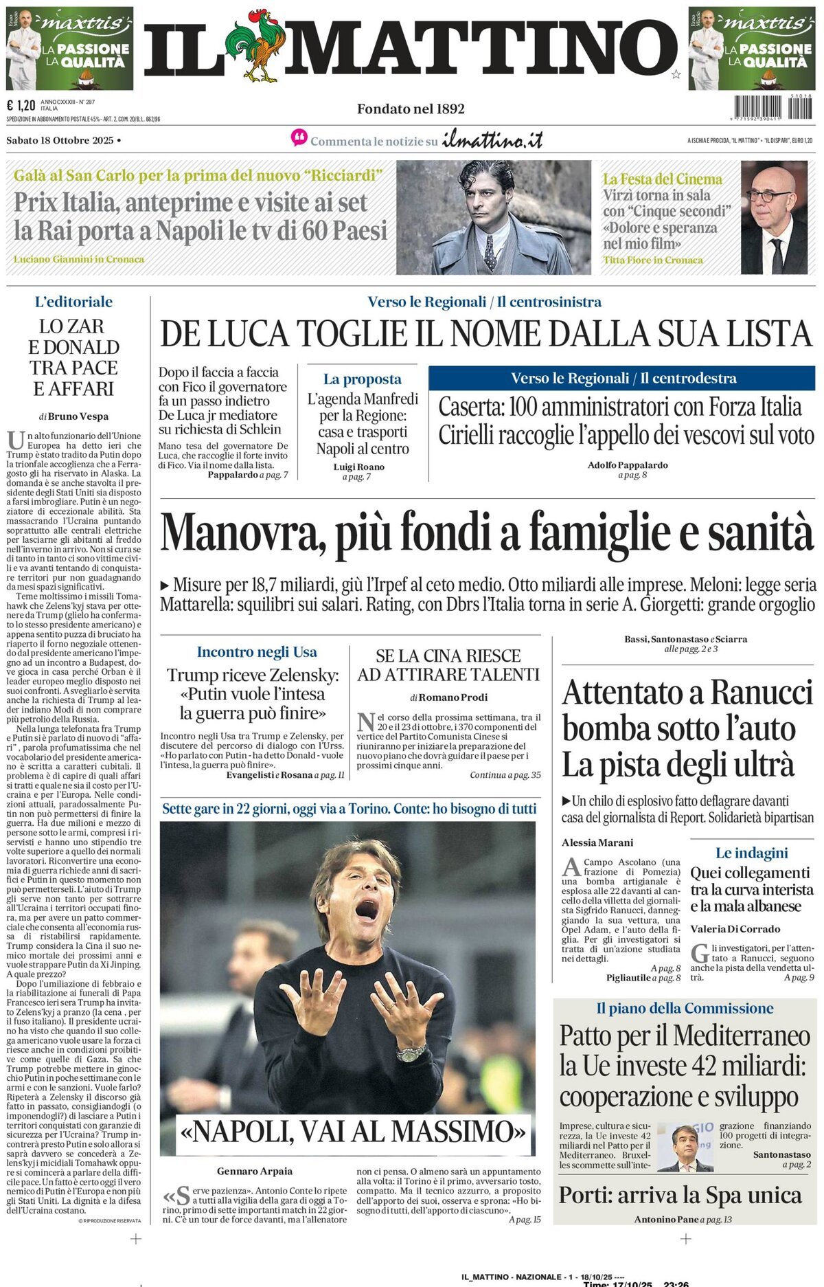 Il Mattino prima pagina di oggi 
            Edizione di Oggi, Sabato 18 Ottobre 2025