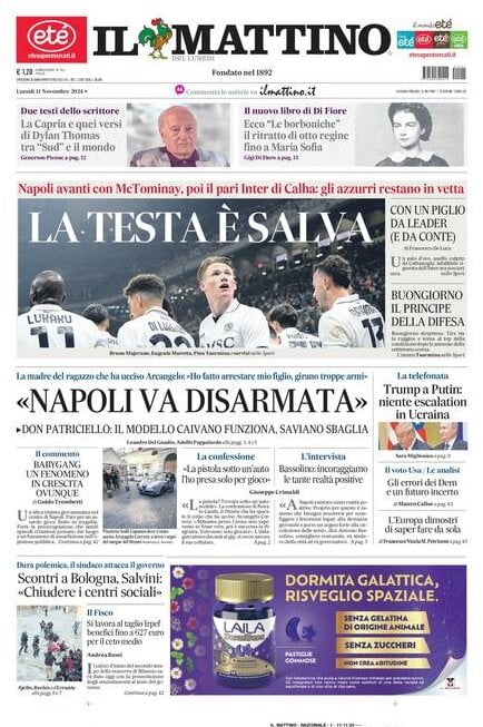 Il Mattino prima pagina di oggi 
            Edizione di Oggi, Lunedì 11 Novembre 2024