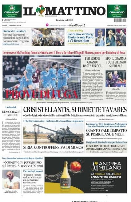 Il Mattino prima pagina di oggi 
            Edizione di Oggi, Lunedì 02 Dicembre 2024