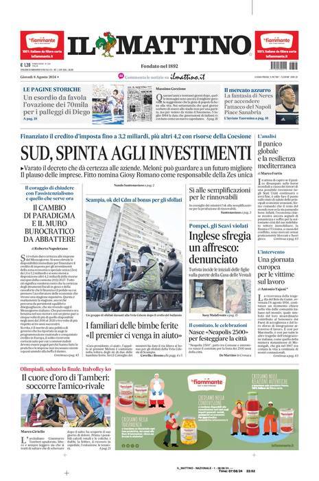 Il Mattino prima pagina di oggi 
            Edizione di Oggi, Giovedì 08 Agosto 2024