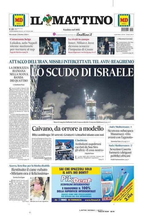 Il Mattino prima pagina di oggi 
            Edizione di Oggi, Mercoledì 02 Ottobre 2024