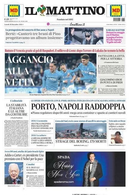 Il Mattino prima pagina di oggi 
            Edizione di Oggi, Lunedì 30 Dicembre 2024