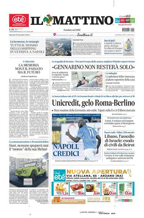 Il Mattino prima pagina di oggi 
            Edizione di Oggi, Martedì 24 Settembre 2024