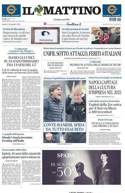 Il Mattino prima pagina di oggi 
            Edizione di Oggi, Sabato 23 Novembre 2024