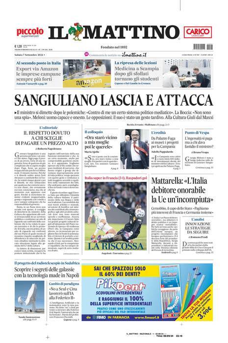 Il Mattino prima pagina di oggi 
            Edizione di Oggi, Sabato 07 Settembre 2024