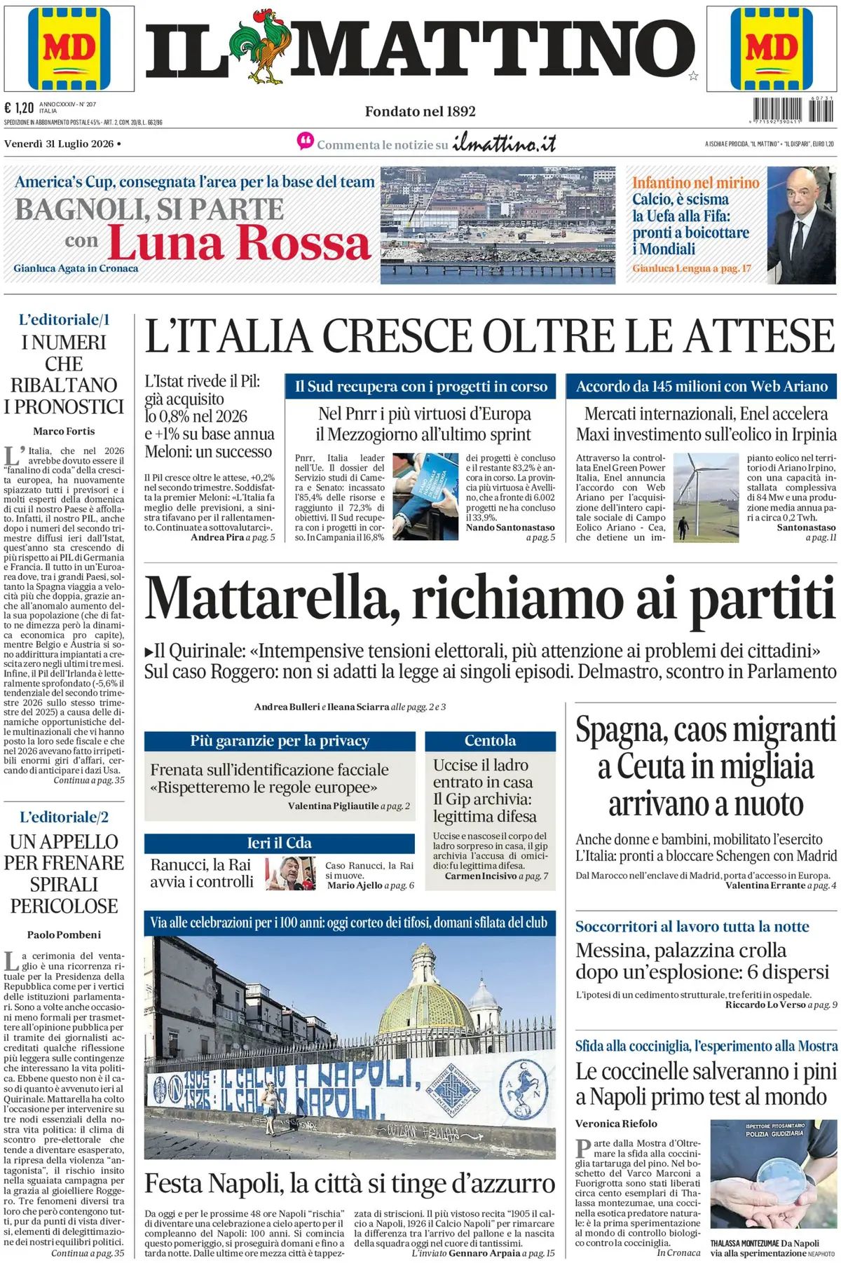 Il Mattino, prima pagina