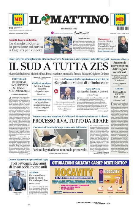 Il Mattino prima pagina di oggi 
            Edizione di Oggi, Sabato 14 Settembre 2024