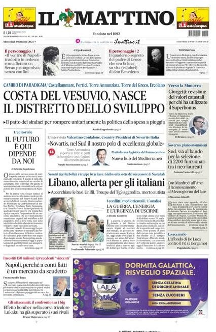 Il Mattino prima pagina di oggi 
            Edizione di Oggi, Mercoledì 09 Ottobre 2024