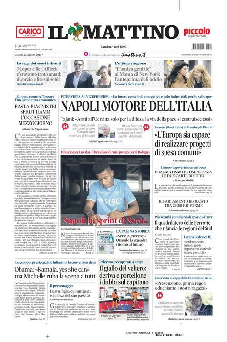 Il Mattino prima pagina di oggi 
            Edizione di Oggi, Giovedì 22 Agosto 2024