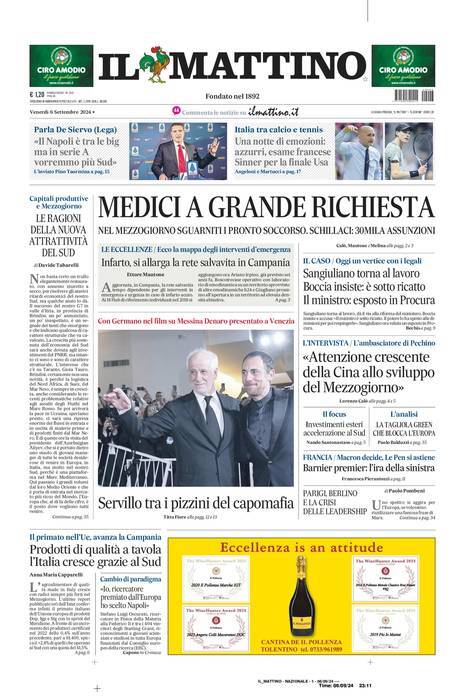 Il Mattino prima pagina di oggi 
            Edizione di Oggi, Venerdì 06 Settembre 2024