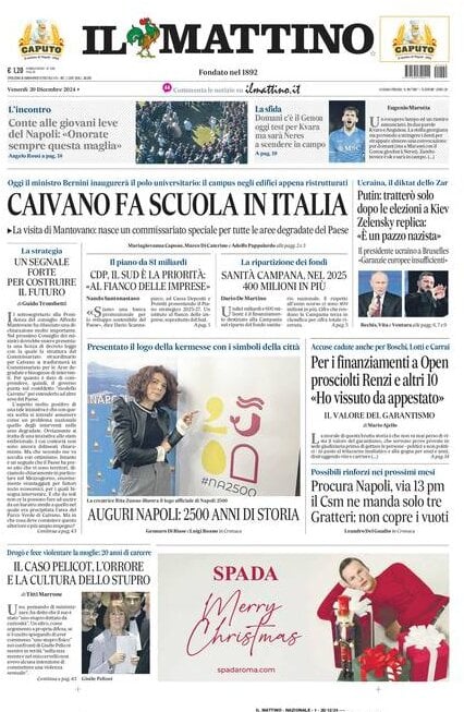 Il Mattino prima pagina di oggi 
            Edizione di Oggi, Venerdì 20 Dicembre 2024