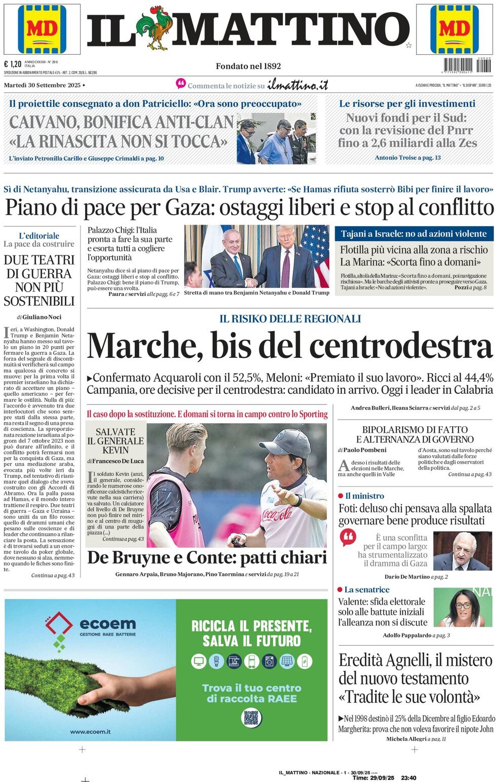 Il Mattino prima pagina di oggi 
            Edizione di Oggi, Martedì 30 Settembre 2025