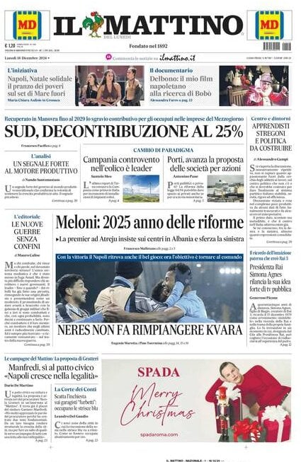 Il Mattino prima pagina di oggi 
            Edizione di Oggi, Lunedì 16 Dicembre 2024