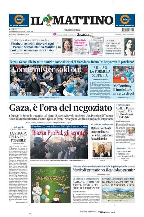Il Mattino prima pagina di oggi 
            Edizione di Oggi, Domenica 05 Ottobre 2025
