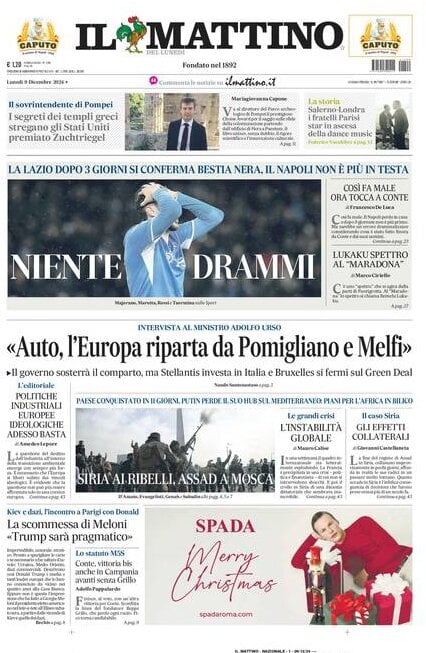 Il Mattino prima pagina di oggi 
            Edizione di Oggi, Lunedì 09 Dicembre 2024