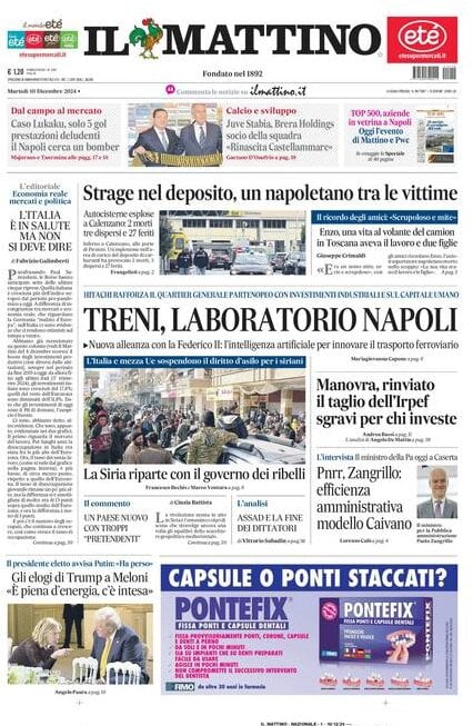 Il Mattino prima pagina di oggi 
            Edizione di Oggi, Martedì 10 Dicembre 2024