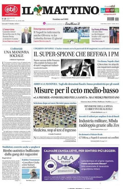 Il Mattino prima pagina di oggi 
            Edizione di Oggi, Giovedì 17 Ottobre 2024