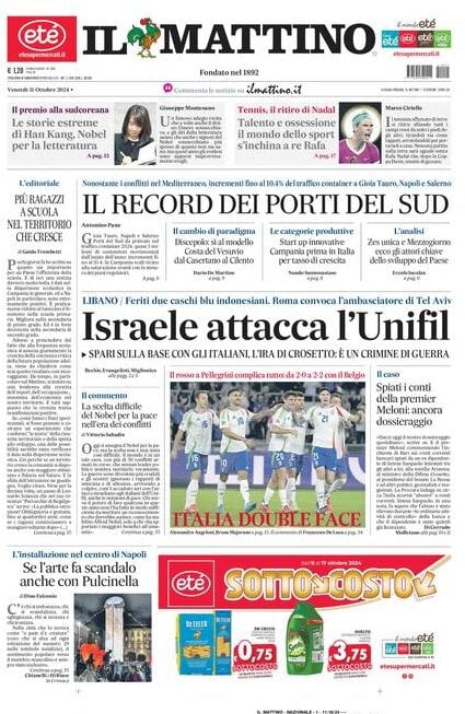 Il Mattino prima pagina di oggi 
            Edizione di Oggi, Venerdì 11 Ottobre 2024