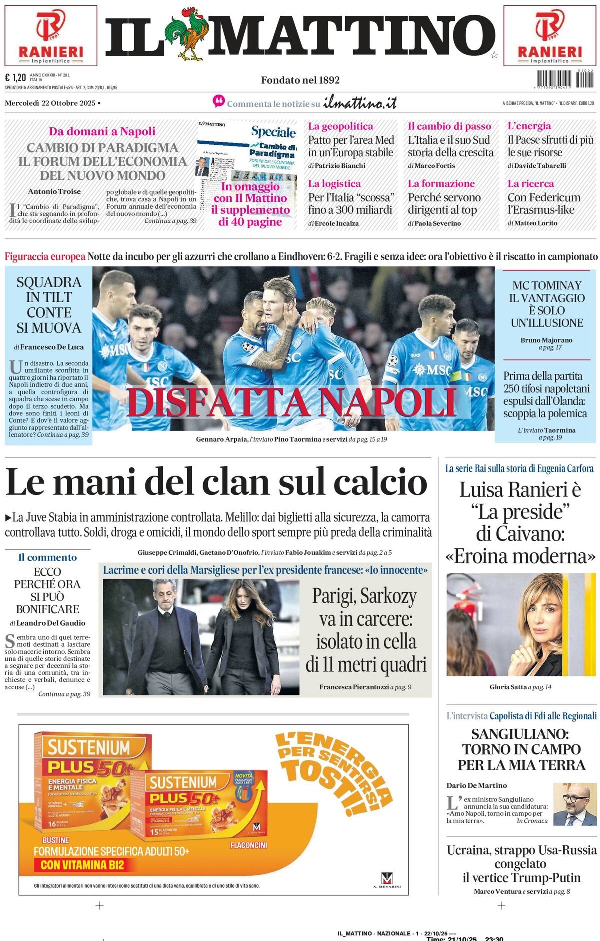 Il Mattino prima pagina di oggi 
            Edizione di Oggi, Mercoledì 22 Ottobre 2025