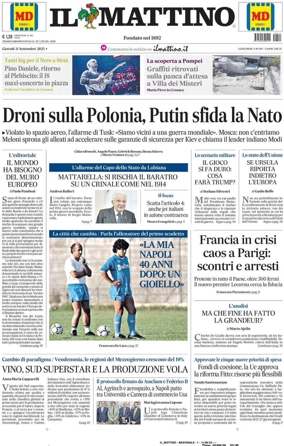 Il Mattino prima pagina di oggi 
            Edizione di Oggi, Giovedì 11 Settembre 2025