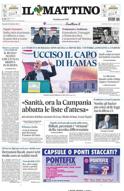 Il Mattino prima pagina di oggi 
            Edizione di Oggi, Venerdì 18 Ottobre 2024