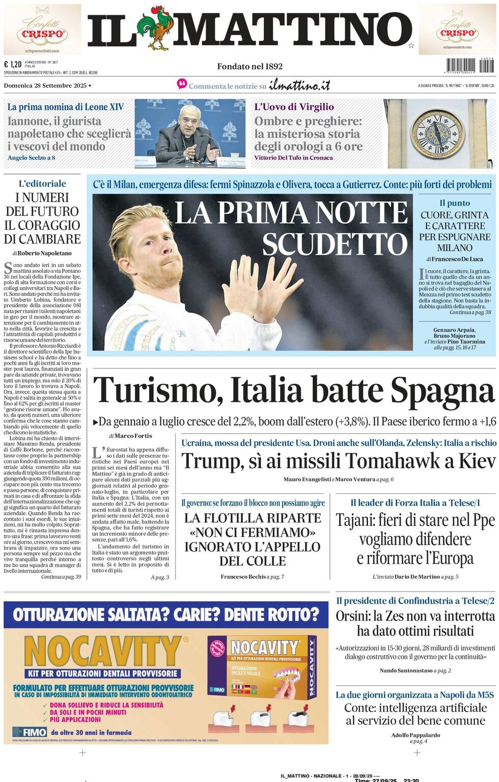 Il Mattino prima pagina di oggi 
            Edizione di Oggi, Domenica 28 Settembre 2025