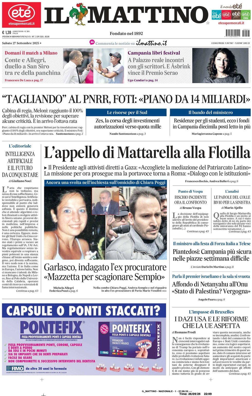 Il Mattino prima pagina di oggi 
            Edizione di Oggi, Sabato 27 Settembre 2025
