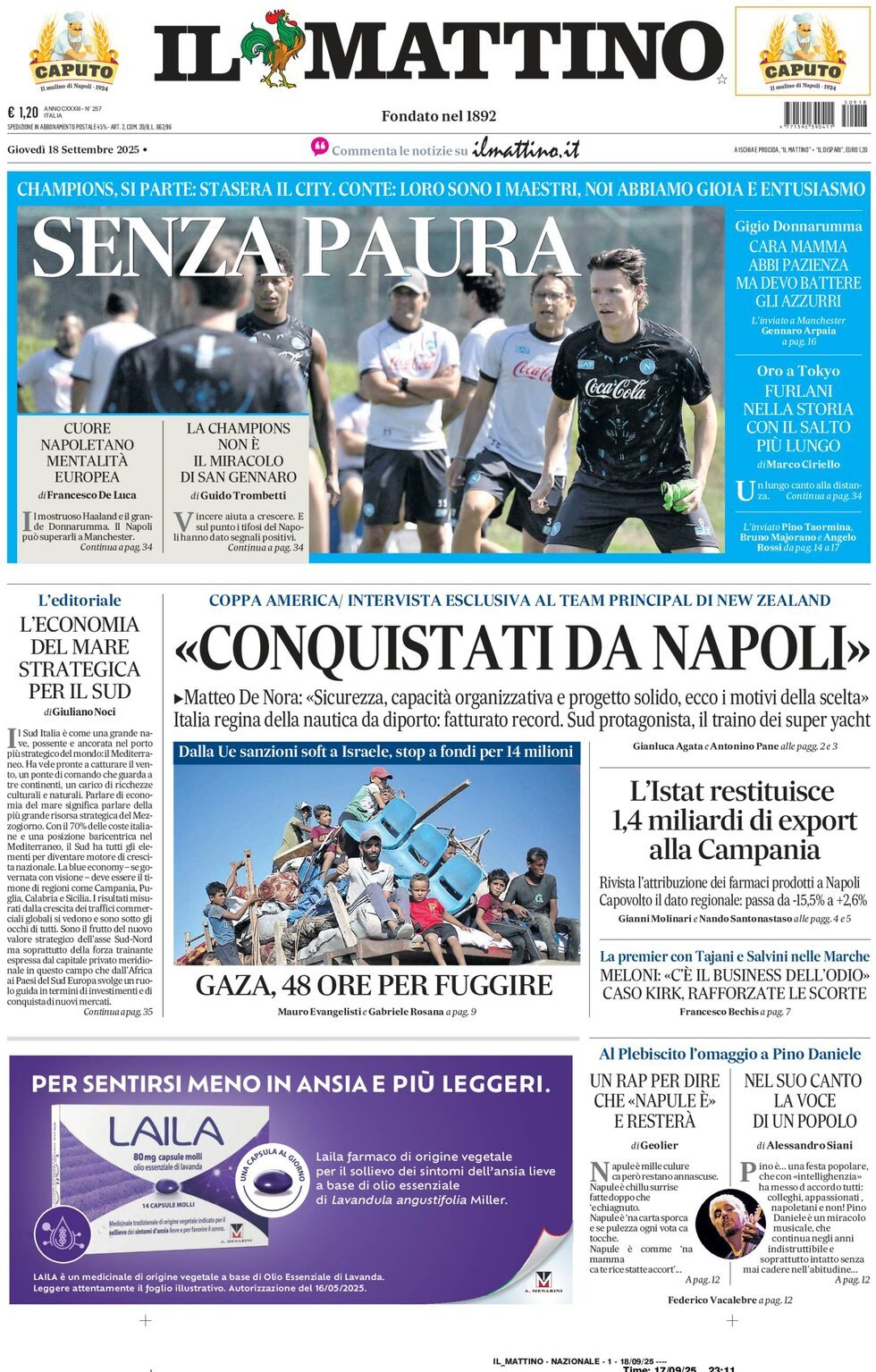 Il Mattino prima pagina di oggi 
            Edizione di Oggi, Giovedì 18 Settembre 2025