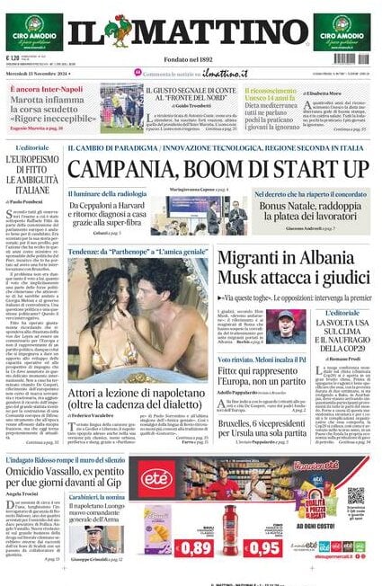 Il Mattino prima pagina di oggi 
            Edizione di Oggi, Mercoledì 13 Novembre 2024