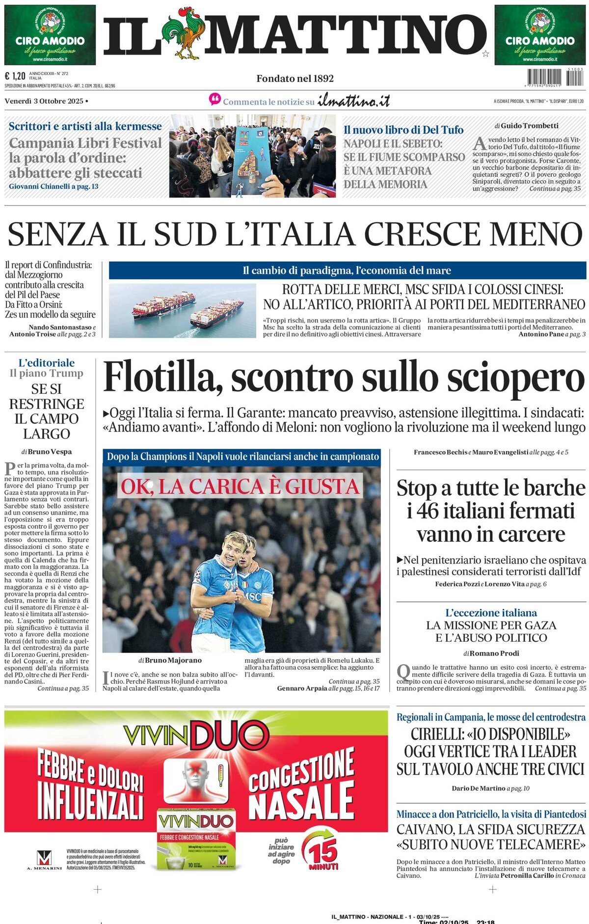 Il Mattino prima pagina di oggi 
            Edizione di Oggi, Venerdì 03 Ottobre 2025