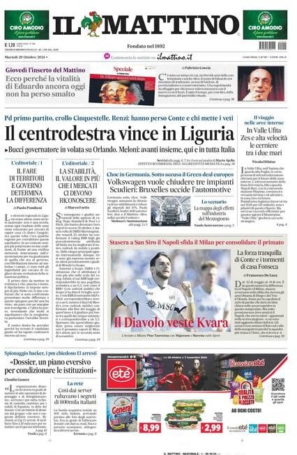 Il Mattino prima pagina di oggi 
            Edizione di Oggi, Martedì 29 Ottobre 2024