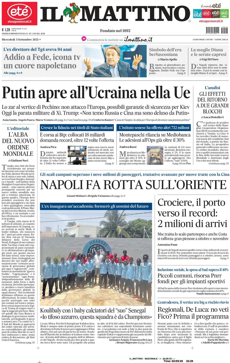Il Mattino prima pagina di oggi 
            Edizione di Oggi, Mercoledì 03 Settembre 2025