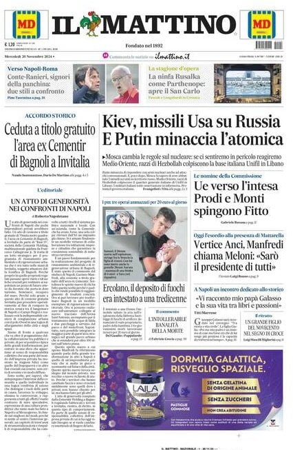 Il Mattino prima pagina di oggi 
            Edizione di Oggi, Mercoledì 20 Novembre 2024