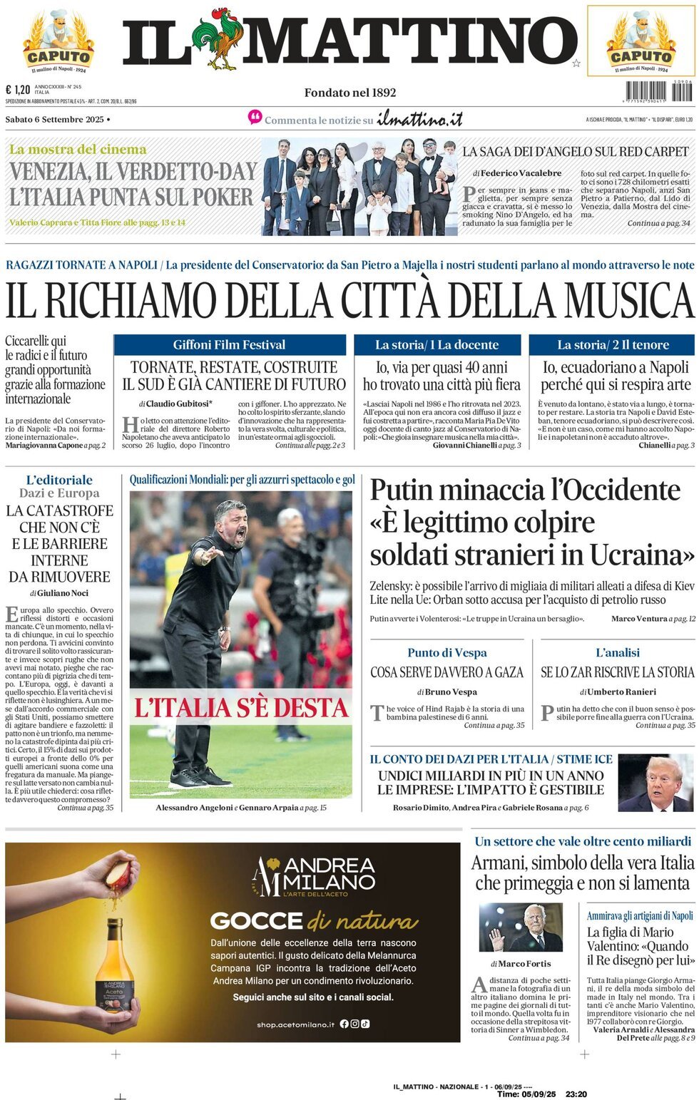 Il Mattino prima pagina di oggi
Edizione di Oggi, Sabato 06 Settembre 2025 Il Mattino prima pagina di oggi
Edizione di Oggi, Sabato 06 Settembre 2025
