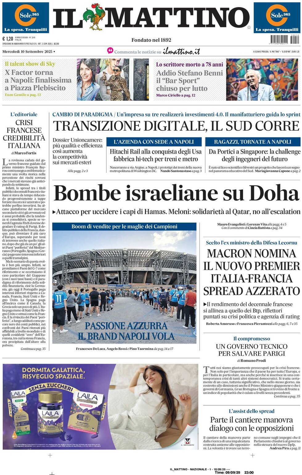 Il Mattino prima pagina di oggi 
            Edizione di Oggi, Mercoledì 10 Settembre 2025