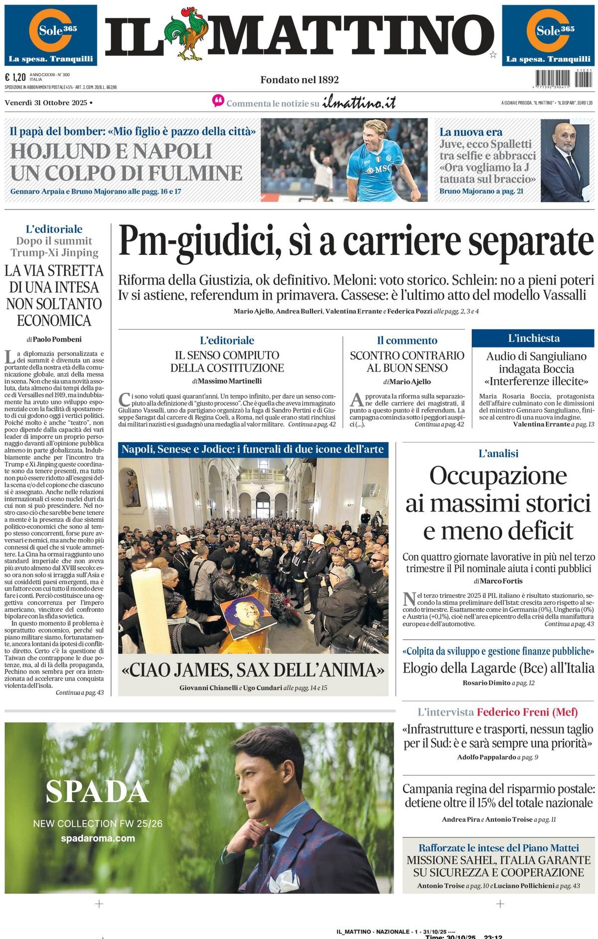 Il Mattino prima pagina di oggi 
            Edizione di Ieri, Giovedì 30 Ottobre 2025