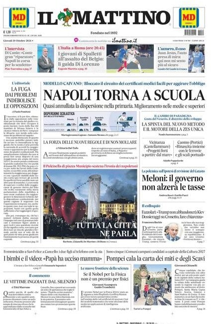 Il Mattino prima pagina di oggi 
            Edizione di Oggi, Giovedì 10 Ottobre 2024