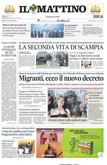 Il Mattino prima pagina di oggi 
            Edizione di Oggi, Martedì 22 Ottobre 2024